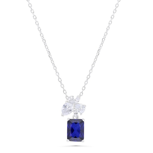[NCL01SAP00WCZB353] Sterling Silver 925 Necklace Rhodium Plated Embedded With Sapphire Corundum And White Zircon