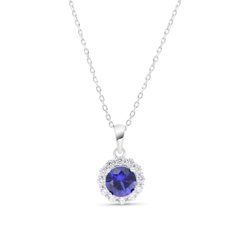 [NCL01SAP00WCZB354] Sterling Silver 925 Necklace Rhodium Plated Embedded With Sapphire Corundum And White Zircon