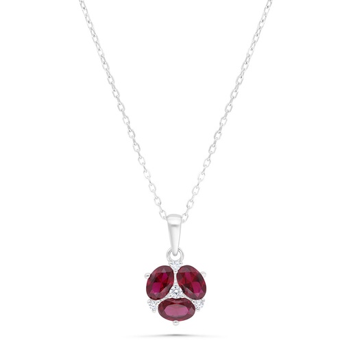 [NCL01RUB00WCZB350] Sterling Silver 925 Necklace  Rhodium Plated Embedded With Ruby Corundum And White Zircon