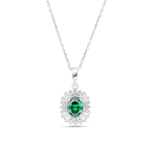 [NCL01EMR00WCZB352] Sterling Silver 925 Necklace Rhodium Plated Embedded With Emerald Zircon And White Zircon