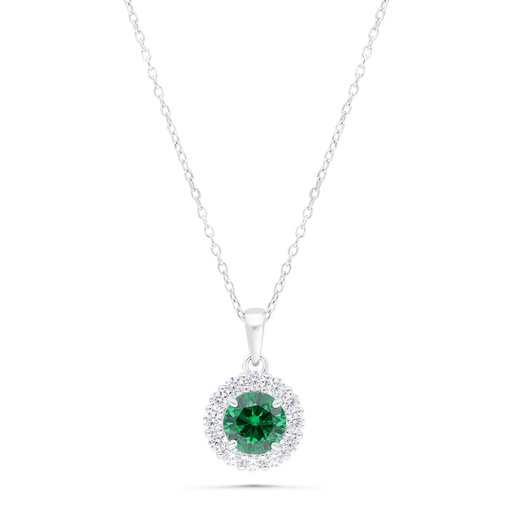 [NCL01EMR00WCZB351] Sterling Silver 925 Necklace Rhodium Plated Embedded With Emerald Zircon And White Zircon