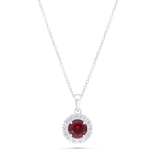 [NCL01RUB00WCZB351] Sterling Silver 925 Necklace  Rhodium Plated Embedded With Ruby Corundum And White Zircon