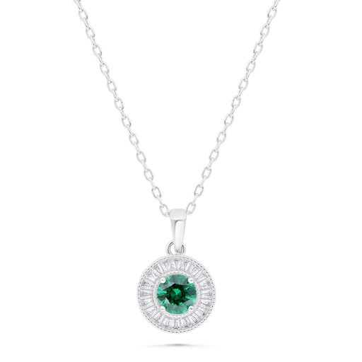 [NCL01EMR00WCZB362] Sterling Silver 925 Necklace Rhodium Plated Embedded With Emerald Zircon And White Zircon
