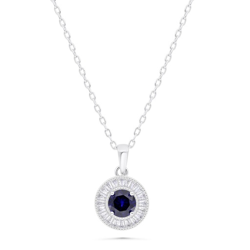 [NCL01SAP00WCZB362] Sterling Silver 925 Necklace Rhodium Plated Embedded With Sapphire Corundum And White Zircon