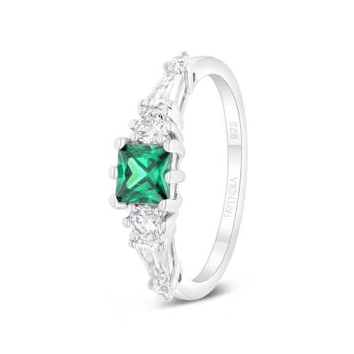 Sterling Silver 925 Ring Rhodium Plated Embedded With Emerald Zircon And White Zircon