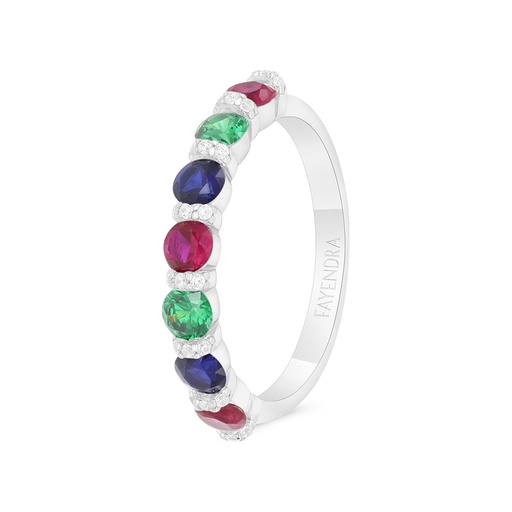 Sterling Silver 925 Ring Rhodium Plated Embedded With Emerald Zircon And Ruby And Sapphire Corundum And White Zircon