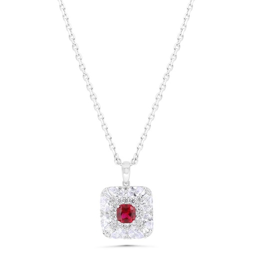 [NCL01RUB00WCZB303] Sterling Silver 925 Necklace Rhodium Plated Embedded With Ruby Corundum And White Zircon