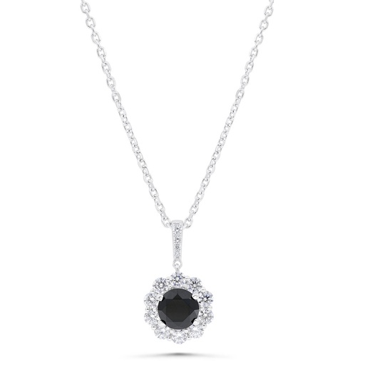 [NCL01ONX00WCZB306] Sterling Silver 925 Necklace Rhodium Plated Embedded With Black Spinal And White Zircon