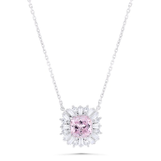 [NCL01PIK00WCZB307] Sterling Silver 925 Necklace Rhodium Plated Embedded With Pink Zircon And White Zircon