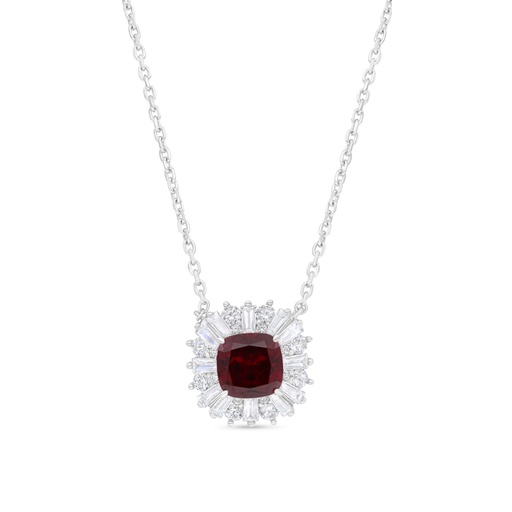[NCL01RUB00WCZB307] Sterling Silver 925 Necklace Rhodium Plated Embedded With Ruby Corundum And White Zircon