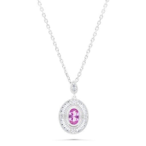 [NCL01PIK00WCZB309] Sterling Silver 925 Necklace Rhodium Plated Embedded With Pink Zircon And White Zircon