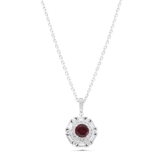 [NCL01RUB00WCZB310] Sterling Silver 925 Necklace Rhodium Plated Embedded With Ruby Corundum And White Zircon