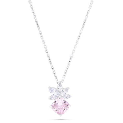 [NCL01PIK00WCZB314] Sterling Silver 925 Necklace Rhodium Plated Embedded With Pink Zircon And White Zircon