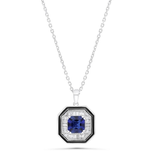 [NCL01SAP00WCZB316] Sterling Silver 925 Necklace Rhodium Plated Embedded With Sapphire Corundum And White Zircon