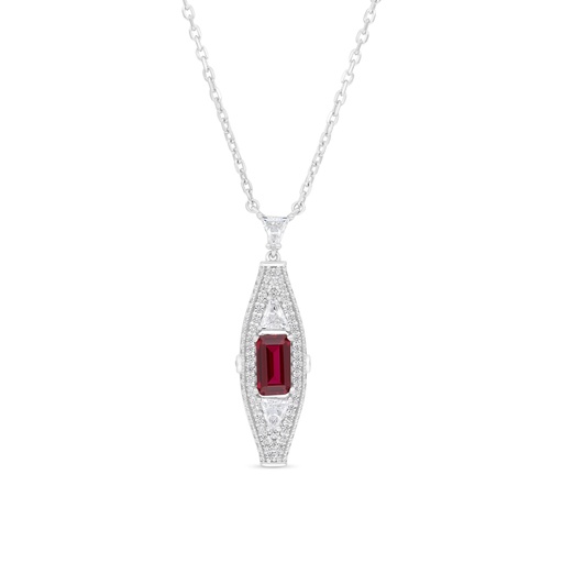 [NCL01RUB00WCZB322] Sterling Silver 925 Necklace Rhodium Plated Embedded With Ruby Corundum And White Zircon