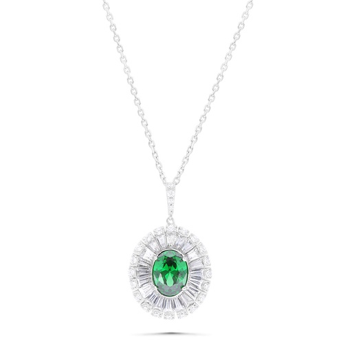 [NCL01EMR00WCZB328] Sterling Silver 925 Necklace Rhodium Plated Embedded With Emerald Zircon And White Zircon