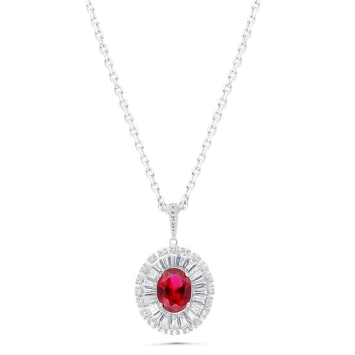[NCL01RUB00WCZB328] Sterling Silver 925 Necklace Rhodium Plated Embedded With Ruby Corundum And White Zircon