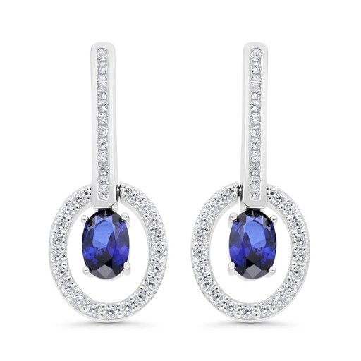 [EAR01SAP00WCZC219] Sterling Silver 925 Earring Rhodium Plated Embedded With Sapphire Corundum And White Zircon