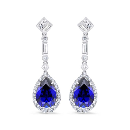 [EAR01SAP00WCZC221] Sterling Silver 925 Earring Rhodium Plated Embedded With Sapphire Corundum And White Zircon
