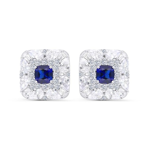 [EAR01SAP00WCZC226] Sterling Silver 925 Earring Rhodium Plated Embedded With Sapphire Corundum And White Zircon