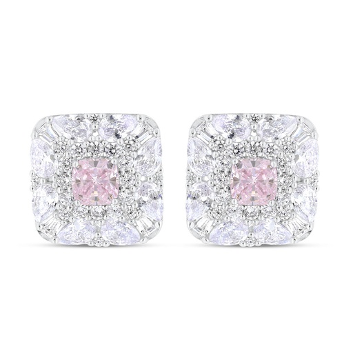 [EAR01PIK00WCZC226] Sterling Silver 925 Earring Rhodium Plated Embedded With Pink Zircon And White Zircon