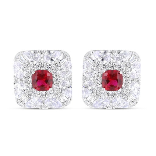 [EAR01RUB00WCZC226] Sterling Silver 925 Earring Rhodium Plated Embedded With Ruby Corundum And White Zircon