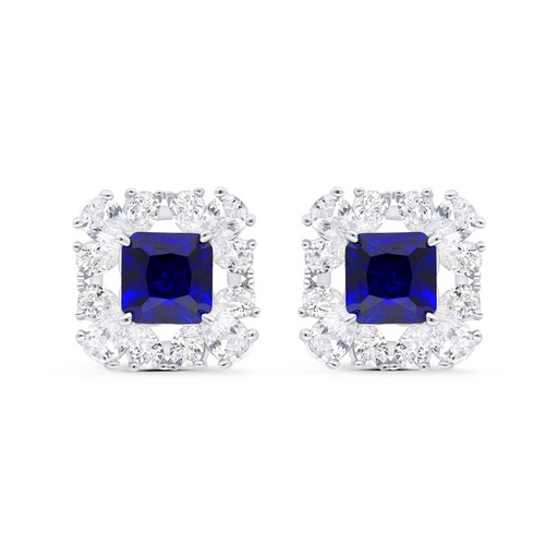 [EAR01SAP00WCZC227] Sterling Silver 925 Earring Rhodium Plated Embedded With Sapphire Corundum And White Zircon