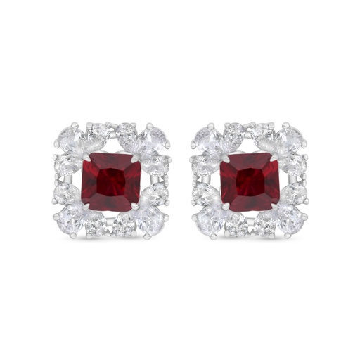 [EAR01RUB00WCZC227] Sterling Silver 925 Earring Rhodium Plated Embedded With Ruby Corundum And White Zircon