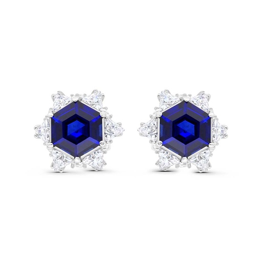 [EAR01SAP00WCZC228] Sterling Silver 925 Earring Rhodium Plated Embedded With Sapphire Corundum And White Zircon