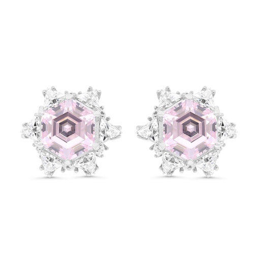 [EAR01PIK00WCZC228] Sterling Silver 925 Earring Rhodium Plated Embedded With Pink Zircon And White Zircon