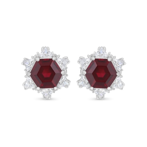 [EAR01RUB00WCZC228] Sterling Silver 925 Earring Rhodium Plated Embedded With Ruby Corundum And White Zircon