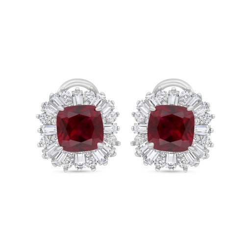 [EAR01RUB00WCZC230] Sterling Silver 925 Earring Rhodium Plated Embedded With Ruby Corundum And White Zircon