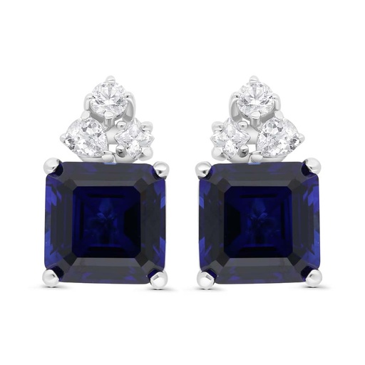 [EAR01SAP00WCZC231] Sterling Silver 925 Earring Rhodium Plated Embedded With Sapphire Corundum And White Zircon