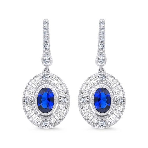 [EAR01SAP00WCZC232] Sterling Silver 925 Earring Rhodium Plated Embedded With Sapphire Corundum And White Zircon