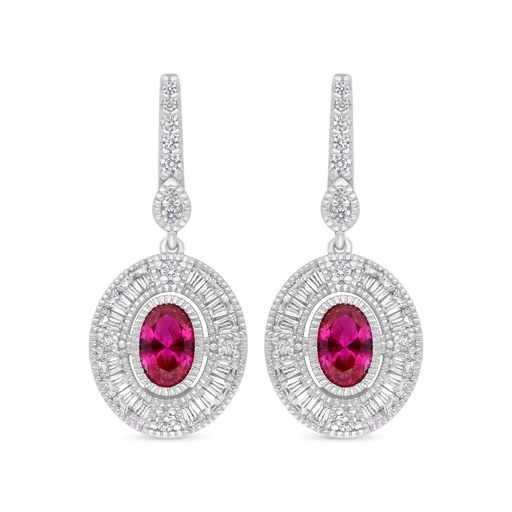 [EAR01RUB00WCZC232] Sterling Silver 925 Earring Rhodium Plated Embedded With Ruby Corundum And White Zircon