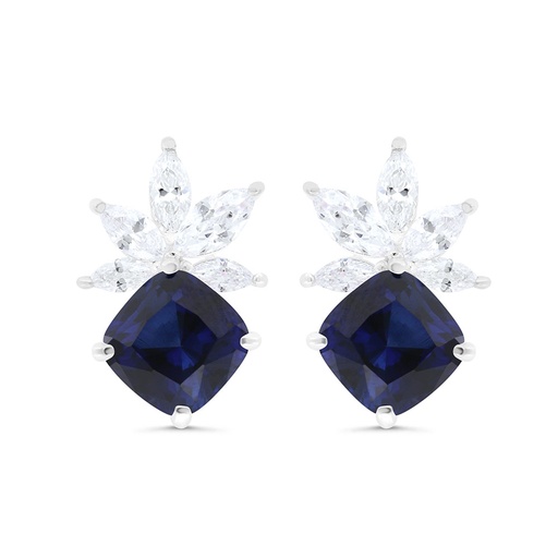 [EAR01SAP00WCZC237] Sterling Silver 925 Earring Rhodium Plated Embedded With Sapphire Corundum And White Zircon