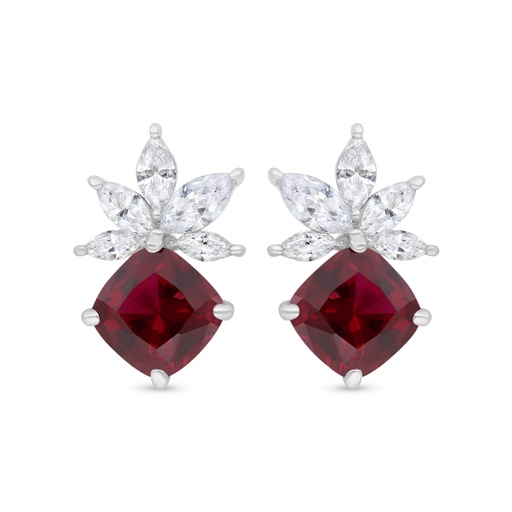 [EAR01RUB00WCZC237] Sterling Silver 925 Earring Rhodium Plated Embedded With Ruby Corundum And White Zircon