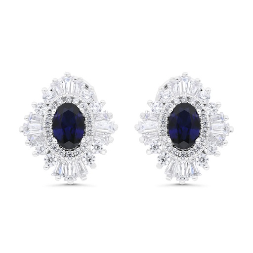 [EAR01SAP00WCZC238] Sterling Silver 925 Earring Rhodium Plated Embedded With Sapphire Corundum And White Zircon