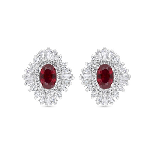 [EAR01RUB00WCZC238] Sterling Silver 925 Earring Rhodium Plated Embedded With Ruby Corundum And White Zircon