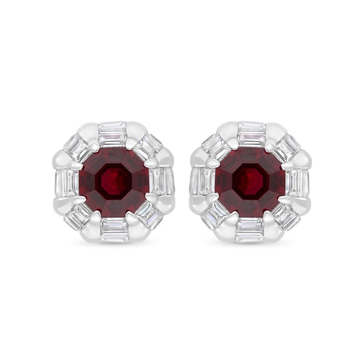 [EAR01RUB00WCZC244] Sterling Silver 925 Earring Rhodium Plated Embedded With Ruby Corundum And White Zircon