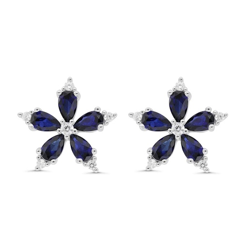 [EAR01SAP00WCZC245] Sterling Silver 925 Earring Rhodium Plated Embedded With Sapphire Corundum And White Zircon
