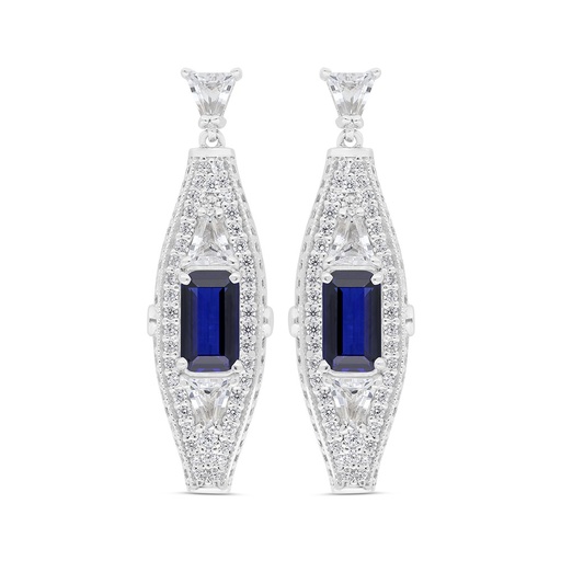 [EAR01SAP00WCZC246] Sterling Silver 925 Earring Rhodium Plated Embedded With Sapphire Corundum And White Zircon