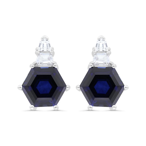 [EAR01SAP00WCZC247] Sterling Silver 925 Earring Rhodium Plated Embedded With Sapphire Corundum And White Zircon