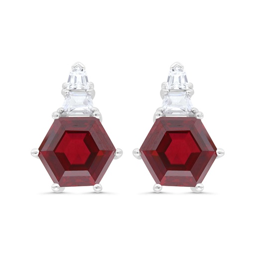 [EAR01RUB00WCZC247] Sterling Silver 925 Earring Rhodium Plated Embedded With Ruby Corundum And White Zircon