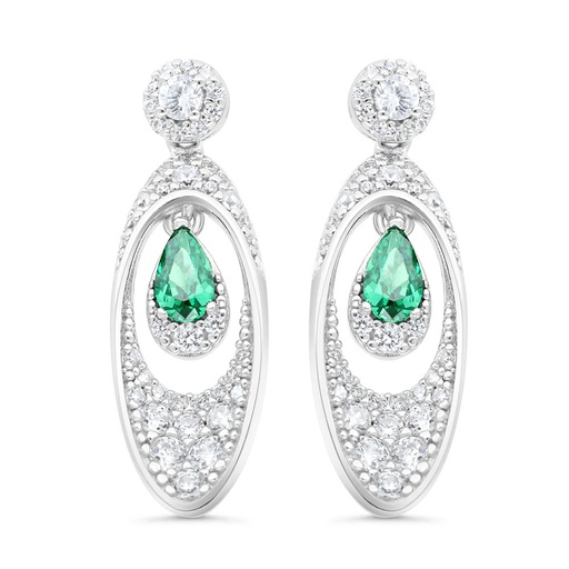 [EAR01EMR00WCZC252] Sterling Silver 925 Earring Rhodium Plated Embedded With Emerald Zircon And White Zircon
