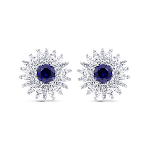 [EAR01SAP00WCZC253] Sterling Silver 925 Earring Rhodium Plated Embedded With Sapphire Corundum And White Zircon