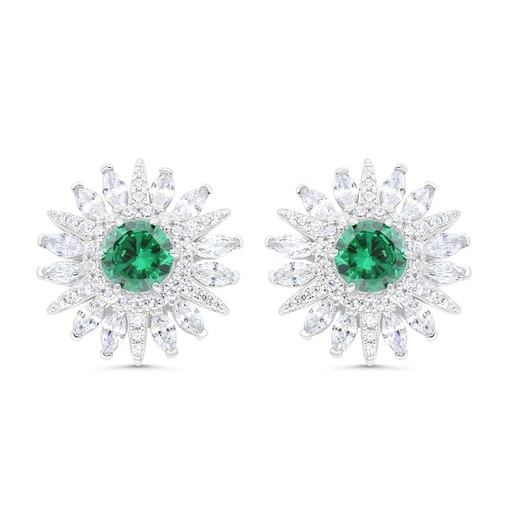 [EAR01EMR00WCZC253] Sterling Silver 925 Earring Rhodium Plated Embedded With Emerald Zircon And White Zircon