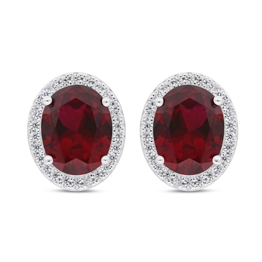 [EAR01RUB00WCZC254] Sterling Silver 925 Earring Rhodium Plated Embedded With Ruby Corundum And White Zircon