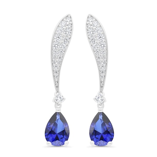 [EAR01SAP00WCZC265] Sterling Silver 925 Earring Rhodium Plated Embedded With Sapphire Corundum And White Zircon