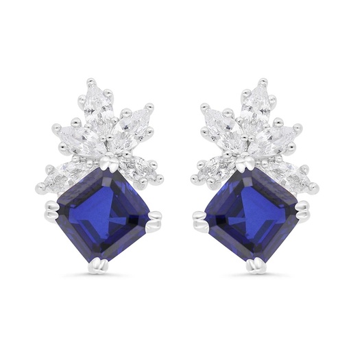 [EAR01SAP00WCZC280] Sterling Silver 925 Earring Rhodium Plated Embedded With Sapphire Corundum And White Zircon